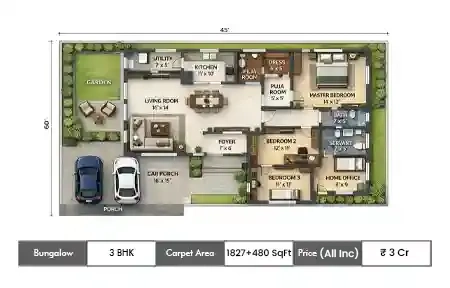 Wadhwa The Haven 3 BHK 1827+ floor plan, 480 sq ft carpet area